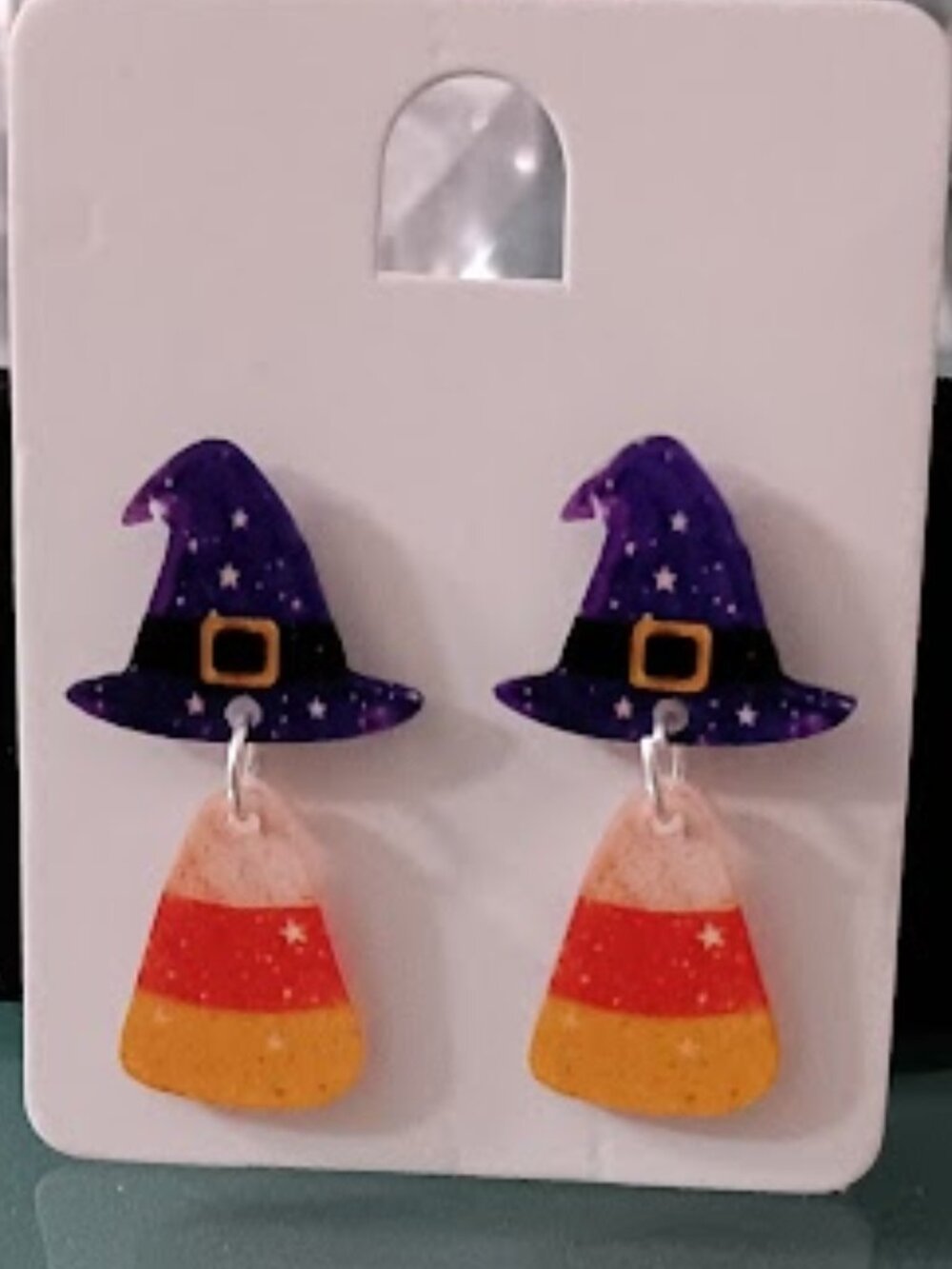 DESIGNER Halloween Candy Corn Witch Hat Stars Acrylic Drop Earrings**NEW!